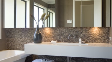 A view of some bathroom tiles from the bathroom, cabinetry, countertop, floor, flooring, home, interior design, room, sink, gray, brown