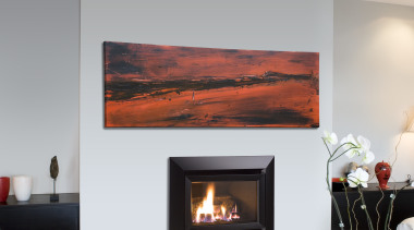 The clean, simple lines of an Escea gas ceiling, fireplace, hearth, home, interior design, living room, room, wood burning stove, gray