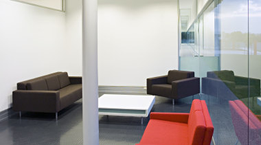 The high horizontal window in reception pulls light architecture, ceiling, daylighting, floor, flooring, furniture, interior design, office, product design, table, gray, white