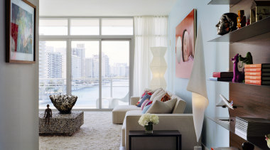 View of living room inside apartment from Gorlin ceiling, furniture, home, interior design, living room, room, shelving, gray, white