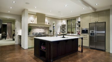 A view of some kitchen cabinetry by Marton cabinetry, ceiling, countertop, cuisine classique, floor, flooring, hardwood, interior design, kitchen, laminate flooring, real estate, room, wood flooring, gray, brown