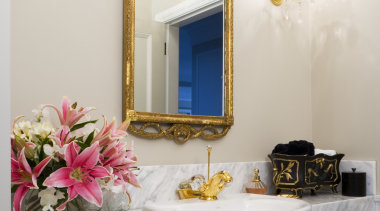 In this formal powder room, the floral theme bathroom, home, interior design, room, sink, wall, white, gray