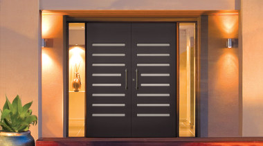 To create a grand entrance fo this contemporary door, facade, home, house, property, real estate, window, black, orange