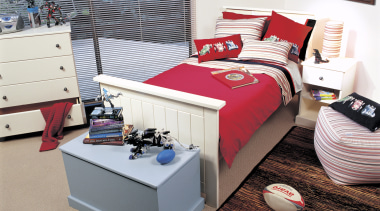 A view of this bedroom featuring childrens Bedroom bed, bed frame, bed sheet, bedroom, floor, flooring, furniture, home, interior design, mattress, product, room, table, textile, white