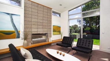 A view of this retro living area that architecture, house, interior design, living room, real estate, window, white