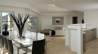 Spacious open-plan living areas are designed for relaxed, ceiling, dining room, estate, floor, flooring, interior design, living room, property, real estate, room, gray