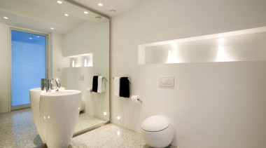 A niche shelving alcove cut into false wall, bathroom, floor, home, interior design, plumbing fixture, product design, property, real estate, room, sink, gray