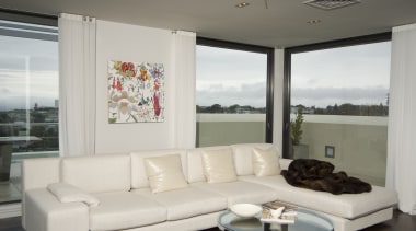 Penthouse apartments feature custom-designed sliding doors that slide home, interior design, living room, property, real estate, window, gray