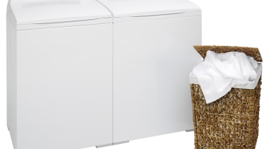 A view of this laundry featuring the latest product, product design, white
