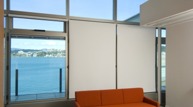 Window shades and blockout blinds were supplied for architecture, daylighting, door, glass, interior design, real estate, wall, window, gray, teal