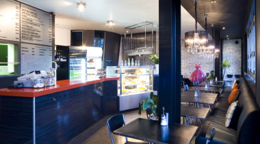 Yellowfox designed the upgrade of cafe Trends, using countertop, interior design, kitchen, restaurant, blue