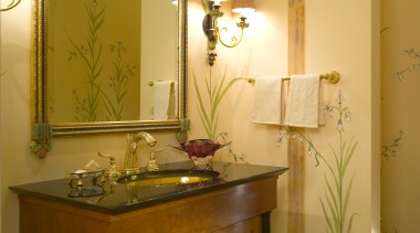 Hand-painted botanical drawings on the walls enliven the bathroom, furniture, home, interior design, room, wall, brown, orange