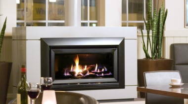 A glass-fronted gas fire from Escea allows restaurateurs fireplace, furniture, hearth, home, home appliance, interior design, living room, white, brown