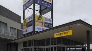 Westfield Albany's north entry sign, standing 22m high building, commercial building, corporate headquarters, mixed use, white, gray