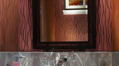 View of bathroom designed by NKBA designers including bathroom, furniture, interior design, light fixture, lighting, room, wall, red