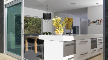 A view of some door and window joinery architecture, countertop, daylighting, floor, house, interior design, kitchen, real estate, window, gray, white