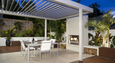 An exterior view of the patio area, decking, backyard, interior design, outdoor structure, patio, pergola, property, real estate, roof, shade, gray, brown