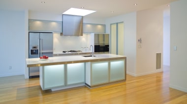 View of kitchen designed by Robyn Labb from architecture, floor, flooring, hardwood, interior design, kitchen, property, real estate, room, wood flooring, gray
