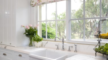 View of kitchen designed by architect Gary McFarlane bathroom, cabinetry, countertop, curtain, home, interior design, kitchen, room, sink, wall, window, window covering, window treatment, gray