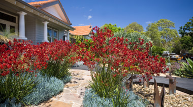 An exterior view of the entire garden, plants, botanical garden, cottage, estate, flora, flower, garden, home, house, landscape, landscaping, plant, property, real estate, shrub, sky, spring, tree, walkway, yard