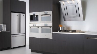 view of kitchen appliances by Maytag - view countertop, home appliance, kitchen, kitchen appliance, kitchen stove, major appliance, product, product design, refrigerator, room, gray, black