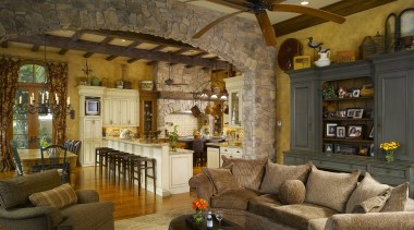 Distressed cypress beams and stone columns and arches ceiling, estate, home, interior design, living room, lobby, real estate, room, brown