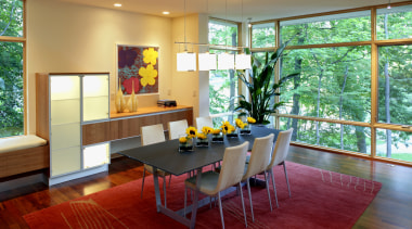 A view of a kitchen design by Valcucine architecture, dining room, home, house, interior design, living room, real estate, room, table, window