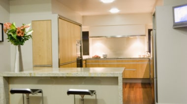 View of kitchen designed by D Stevens Ltd, architecture, cabinetry, ceiling, countertop, daylighting, floor, flooring, furniture, hardwood, home, interior design, kitchen, laminate flooring, lighting, living room, real estate, room, table, wall, wood, wood flooring, brown, gray