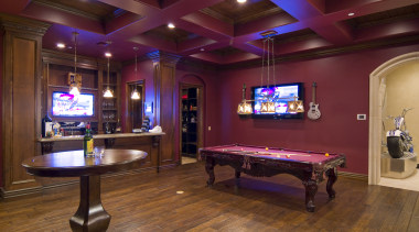 View of room with woodwork by Trim Tech. billiard room, entertainment, home, interior design, recreation room, room, table, red, brown