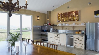 View of kitchen, doors and windows, tiling, lights, countertop, cuisine classique, floor, flooring, hardwood, interior design, kitchen, real estate, room, gray, brown