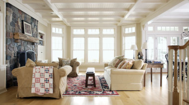 View of a house designed by Burns + ceiling, floor, flooring, furniture, hardwood, home, interior design, living room, room, window, wood, gray