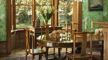 A view of the dining area, wooden flooring chair, dining room, door, flooring, furniture, hardwood, home, interior design, living room, room, table, window, wood, brown