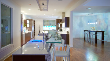 A view of a kitchen benchtop by Multistone. ceiling, countertop, dining room, floor, home, interior design, kitchen, property, real estate, room, table, gray