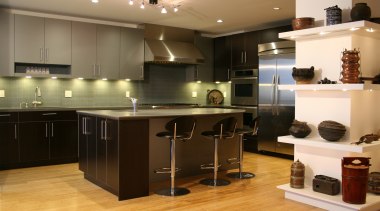 Silver cabinetry contemporary kitchen - Silver cabinetry contemporary cabinetry, countertop, cuisine classique, floor, flooring, hardwood, interior design, kitchen, room, wood flooring, brown, orange
