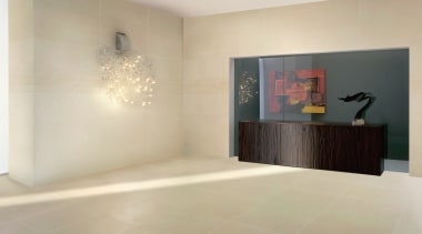 This reception area has been clad in Kerlite floor, flooring, interior design, property, room, tile, wall, orange