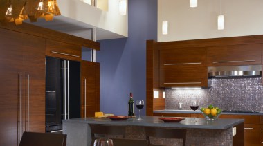 view of kitchen including tiled splashback, wall tiles, architecture, ceiling, countertop, interior design, kitchen, lighting, living room, room, table, wood, brown