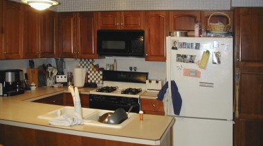 view of kitchen before renovations by Insignia Kitchen cabinetry, countertop, furniture, kitchen, real estate, room, gray, red