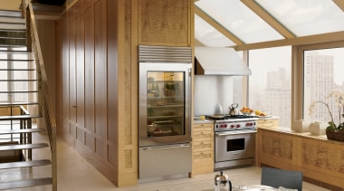 A Sub-Zero Glass Door Refrigerator and Wolf Gas cabinetry, ceiling, countertop, cuisine classique, interior design, kitchen, window, wood, brown, white