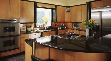 Brown timber kitchen - laminate - Brown timber cabinetry, countertop, interior design, kitchen, real estate, room, black, brown