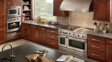 View of kitchen with DCS appliances by Fisher cabinetry, countertop, cuisine classique, home appliance, interior design, kitchen, kitchen appliance, kitchen stove, brown