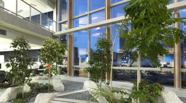 Four winter gardens were created, each three stories apartment, architecture, building, condominium, courtyard, estate, mixed use, plant, property, real estate, tree, gray