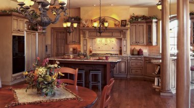 view of  kitchen fefaturing cabinetry, wooden floors, cabinetry, countertop, cuisine classique, dining room, furniture, home, interior design, kitchen, living room, room, wood, red