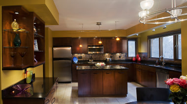 Cabintery Kitchen with black granite countertops, with glass cabinetry, ceiling, countertop, cuisine classique, home, interior design, kitchen, real estate, room, brown, red