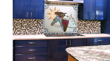 View of kitchen with horses on a glass countertop, furniture, kitchen, white, blue