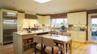 Pale yellow contemporary kitchen - Pale yellow contemporary cabinetry, countertop, cuisine classique, flooring, interior design, kitchen, real estate, room, orange, brown