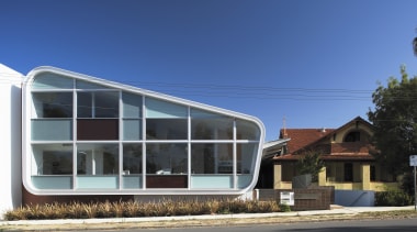 Image of the architectually designed Taylor Robinson building architecture, building, commercial building, corporate headquarters, facade, home, house, property, real estate, residential area, sky, window, blue, black