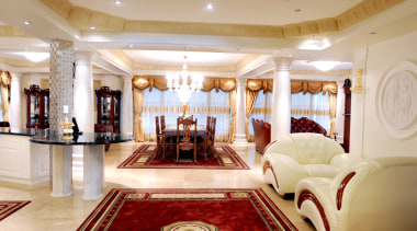 Coffered ceilings with ornamental plaster cornices in open ceiling, function hall, interior design, living room, lobby, room, white, orange