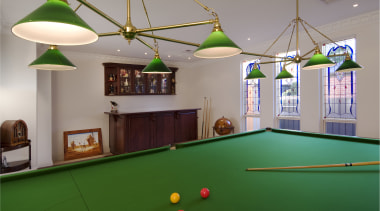 Custom built pool room with stained glass windows billiard ball, billiard room, billiard table, blackball pool, carom billiards, cue sports, cue stick, english billiards, games, indoor games and sports, interior design, leisure, pocket billiards, pool, recreation room, room, snooker, table, gray, green