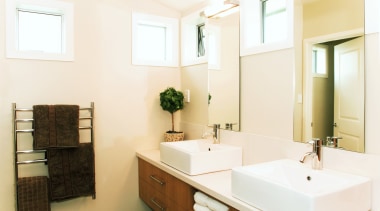 Contemporary bathroom with colours from Resene Parchment bathroom, bathroom accessory, home, interior design, product design, real estate, room, sink, white