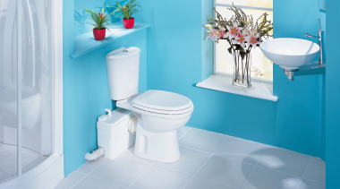 Saniflo small-bore and macerator pumps enable the installation bathroom, bathroom sink, bidet, blue, ceramic, floor, interior design, plumbing fixture, product, product design, purple, room, tap, tile, toilet, toilet seat, gray, teal